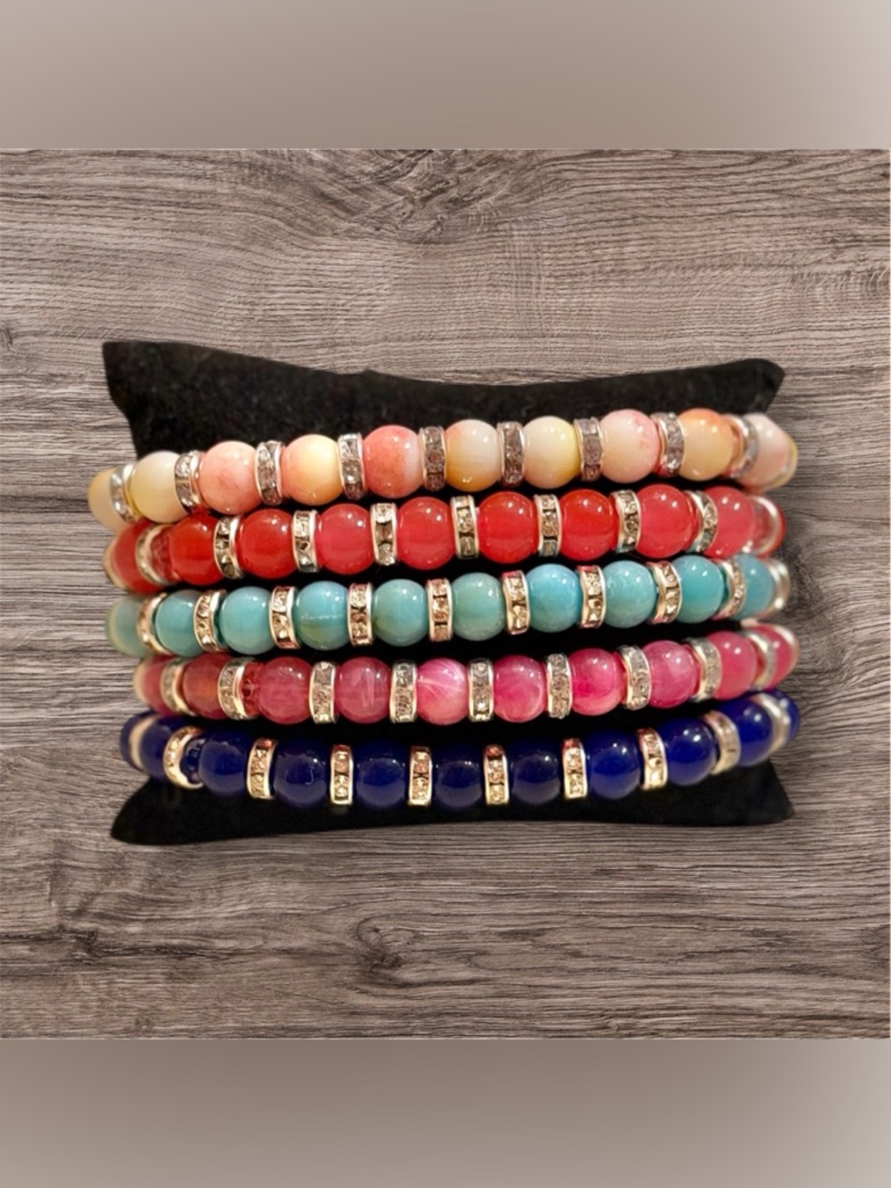 Peach & Pink Jade Bracelet Stack | Red Jade, Aqua Jade & Blue Agate Bracelets